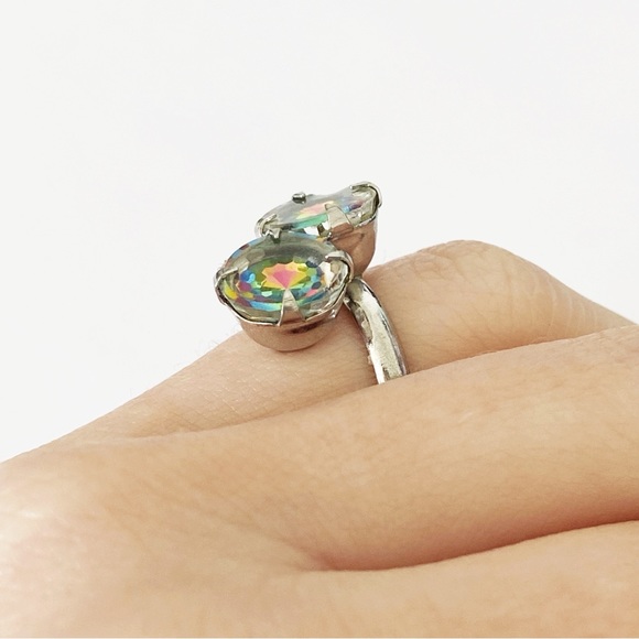 Vintage Sarah Coventry rainbow iris glass moi et toi rhinestone silver ring 5.5 - Picture 3 of 8